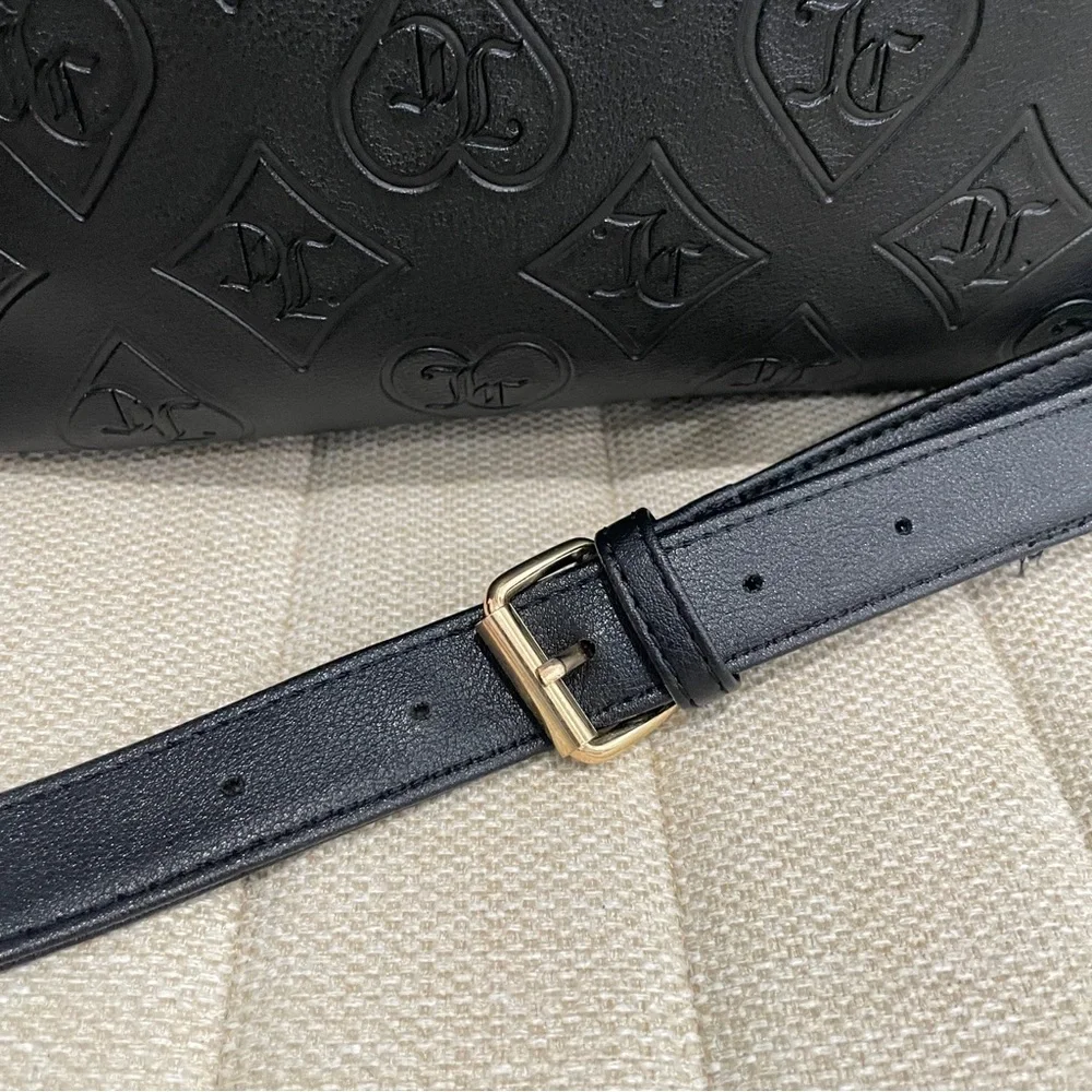 NEW Juicy Couture Black Embossed Monogram Heart Rhinestone Satchel Crossbody Bag